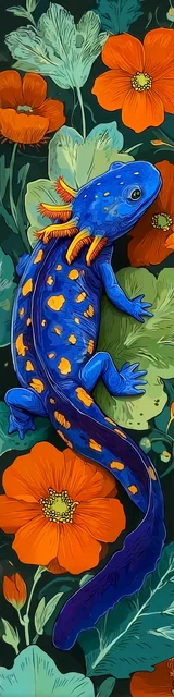 Free printable axolotl bookmark featuring a dark blue axolotl with orange spots